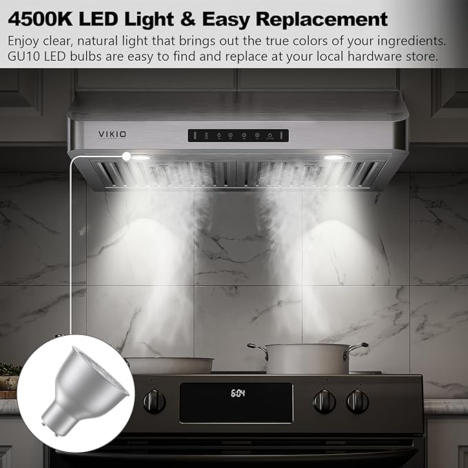 VIKIO HOME 30 Inch Under Cabinet Range Hood, 980CFM Fast Venting Ducted, Kitchen Hood With 3 Speed Gesture Sensing & Touch Control, Stainless Steel Stove Hood With LED Light And 2 Baffle Filters