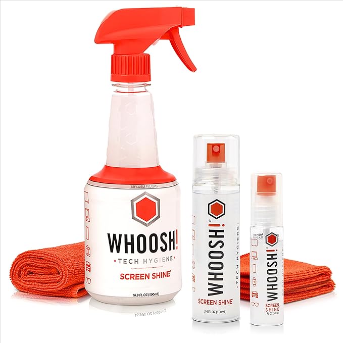 WHOOSH! Screen Cleaner Spray & Microfiber Cloths Bundle | 16.9, 3.4 & 1 fl oz + 1 Microfiber Cloth (14x14) + 2 Microfiber Cloths (6x6)