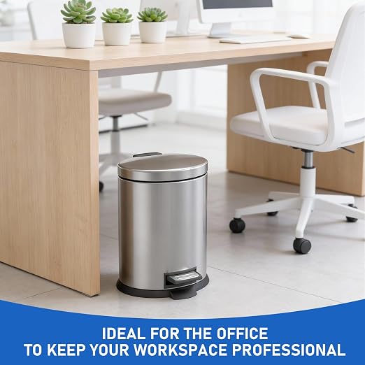 SIMPLYKLEEN Bathroom Trash Can with Lid - 2PC 1.3 Gallon/5L Oval Small Trash Can with Soft-Close Lid, Foot Pedal, Brushed Stainless Steel, Removable Liner, Garbage can for Kitchen, Office, Home Silver