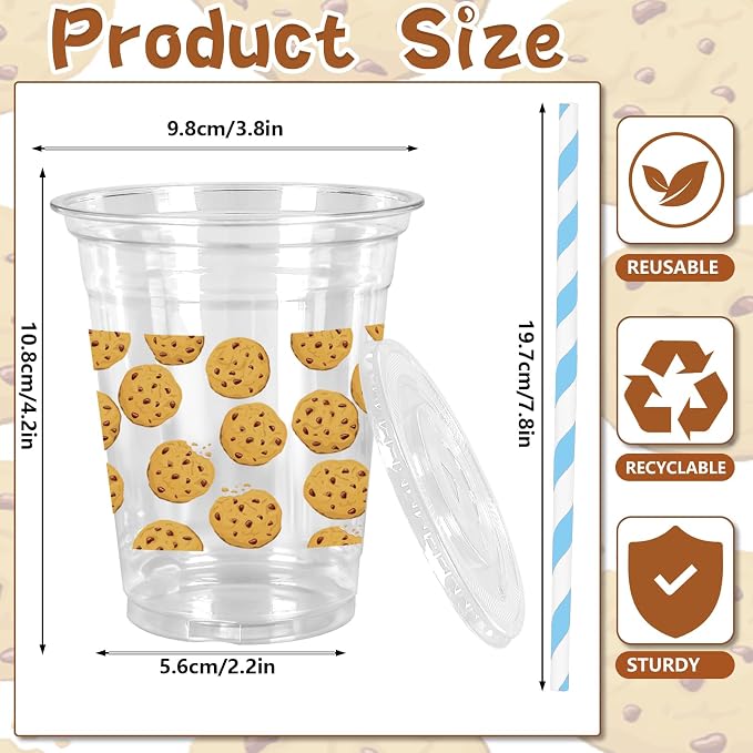 FYSUIMU 50 Pcs 12 Oz Cookie Theme Plastic Cups with Lids & Straws Disposable Clear Drinking Cups for Birthday Baby Shower Party Supplies