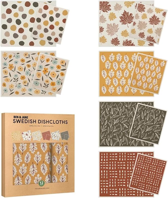 BEN & JANE Ultra-Water Absorbent Reusable Multi-Purpose Machine Washable Swedish Dishcloths - 12 Piece Set (Autumn Blossom)