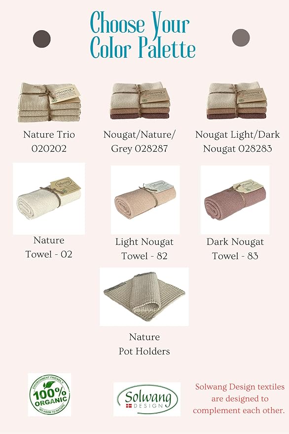 Solwang 3-Piece Danish Cotton Dishcloths in 100% Certified Organic Cotton Made in India (Nature Organic Trio), 619317045637