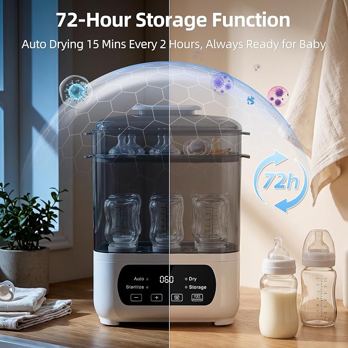 AMZBABYCHEF Baby Bottle Steamer and Dryer, Electric Steamer and Dryer for Baby Bottles, 4-in-1 Bottle Steamer and Dryer, Universal Fit for All Bottles, LED Touch Screen, Auto Shut-Off