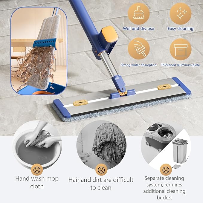 Self Wringing Microfiber Flat Mop and Bucket System with 16.5" Large Head and 55" Long Handle for Floor Wall Cleaning, 5 Microfiber Pads and Foldable Bucket, Wet and Dry