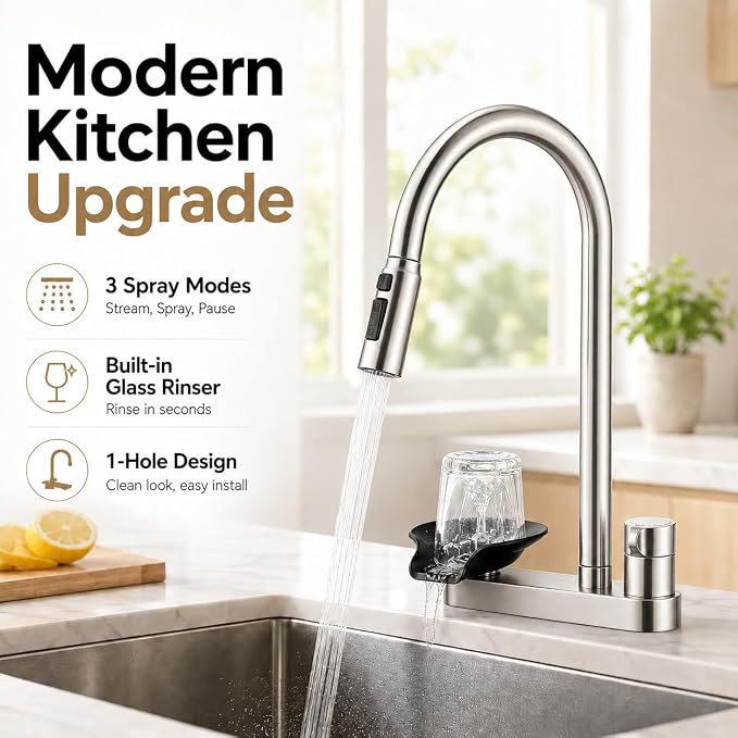 Kitchen Faucet with Pull Down Sprayer and Cup Washer, Glass Rinser Faucet, Lead-Free Brass Waterway, 3 Spray Modes, Single Handle, Single Hole Kitchen Sink Faucet, Brushed Nickel