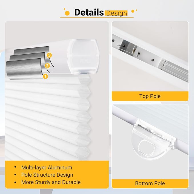 Cordless Light Filtering Cellular Shade, 33" Wide x 38" Long, White(Light Filtering)