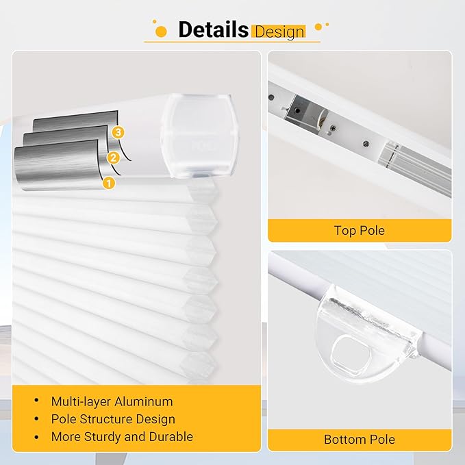 Honeycomb Cellular Shades Cordless Light Filtering for Windows Inside & Outside Mount, 34" W x 36" H, White(Light Filtering)