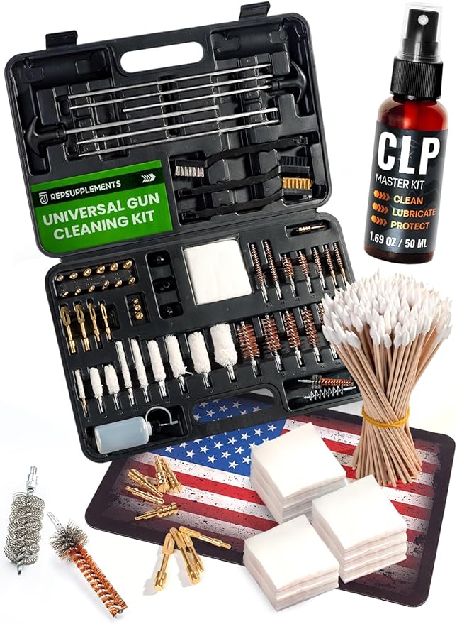 Universal Gun Cleaning Kit for All Guns - Portable Gun Cleaning Kits for Handguns and Rifles, Shotgun, Airsoft - Incl. Stainless Steel Rods, Brass Jags, Gun Cleaning Patches, Cleaning Swabs