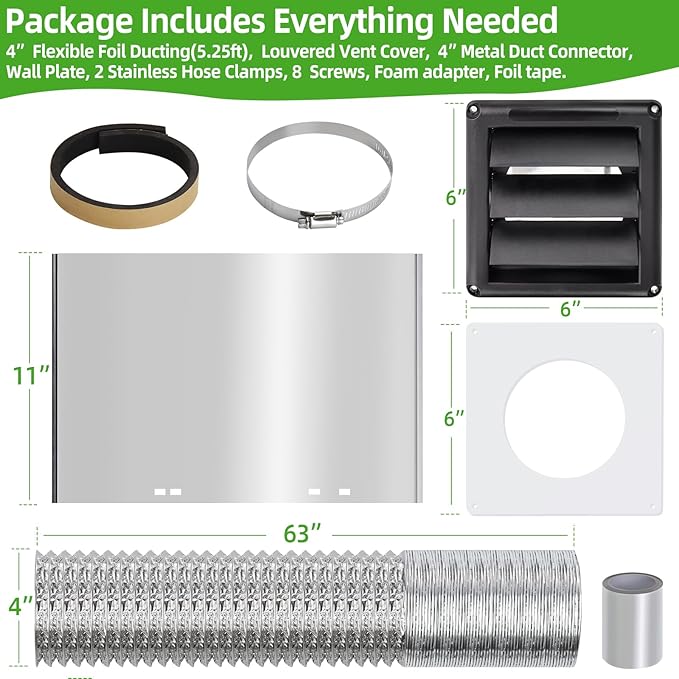 Dryer Vent Kit with Hose/Duct Connector/Wall Plate,4Inch Dryer Vent Hose Connector Wall Ducting Kit for Bathroom Ventilation Fans Exhaust,Ceiling Washer Air Circulation,Black Dryer Vent Cover Hood Kit