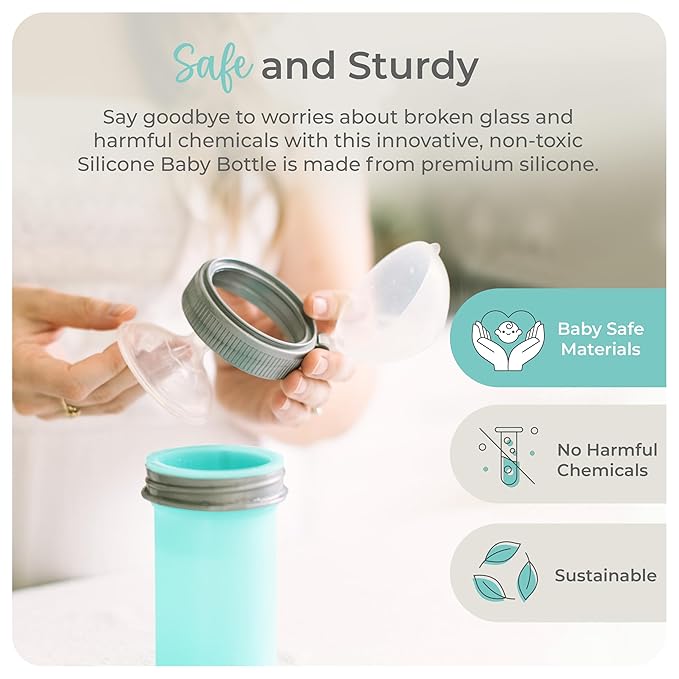 Mason Bottle 8oz Silicone Baby Bottle with Medium Flow Nipple (3+ Months) – Breastfeeding Bottle, Reusable Silicone Squeeze Pouch – BPA & BPS-Free, Non-Toxic, Made in USA (Teal)