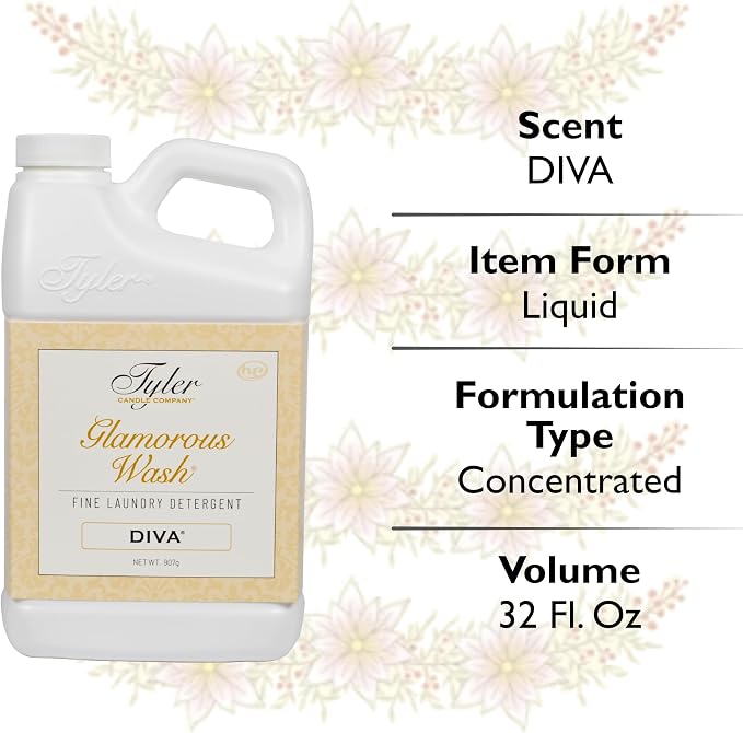 Tyler Glamorous Wash Diva Fine Laundry Detergent with a Lumintrail Stain Remover Pen and Dryer Sachets - Liquid Detergent Designed for Clothing - Hand and Machine Washable - 32oz (Diva)