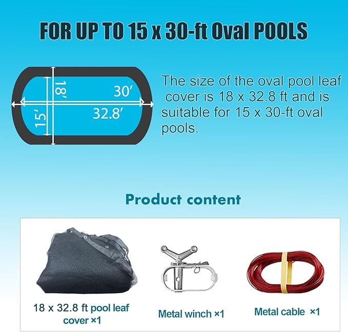 15 x 30 Foot Oval Above Ground Swimming Pool Leaf Net Cover With Winch and Cable, Winter Mesh Pool Cover Leaf Net for 15 X 30 FT Oval Above Ground Pools, Cover Size: 18 X 33 FT (Includes 3-ft Overlap)