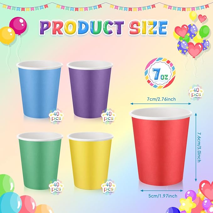 200 Pcs Rainbow Paper Cups 7 oz Disposable Party Cups Bulk for Birthday Rainbow Party Supplies DIY and Holiday Hot Cold Beverage