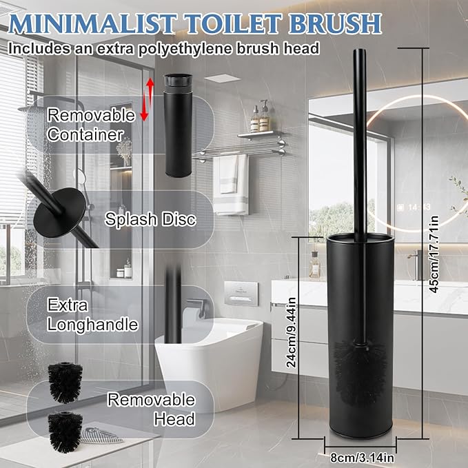 Stainless Steel Toilet Brush,Toilet Bowl Brush and Holder Set,Scratch Resistant Stainless Steel Toilet Brush with Long Handle,Toilet Cleaners with Replacement Head & Removable Inner Bowl,Space Saving