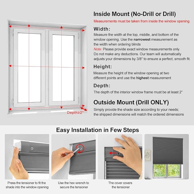 No Drill Cellular Shades, Dark Blue Custom Size Cordless Light Filtering Pull Down Pleated Honeycomb Blind Thermal Insulated Easy Install for Indoor Window Bedroom Living Room Kitchen Door