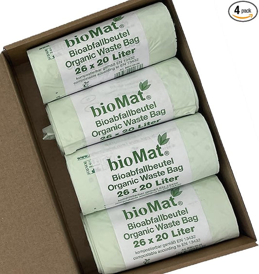 bioMat Compostable Trash Bags 4 Gallon, 100 Count, Small flat top Kitchen Food Scrap Bin Liners, BPI, CMA and OK Compost HOME certified, Meets the ASTM D6400 Standard