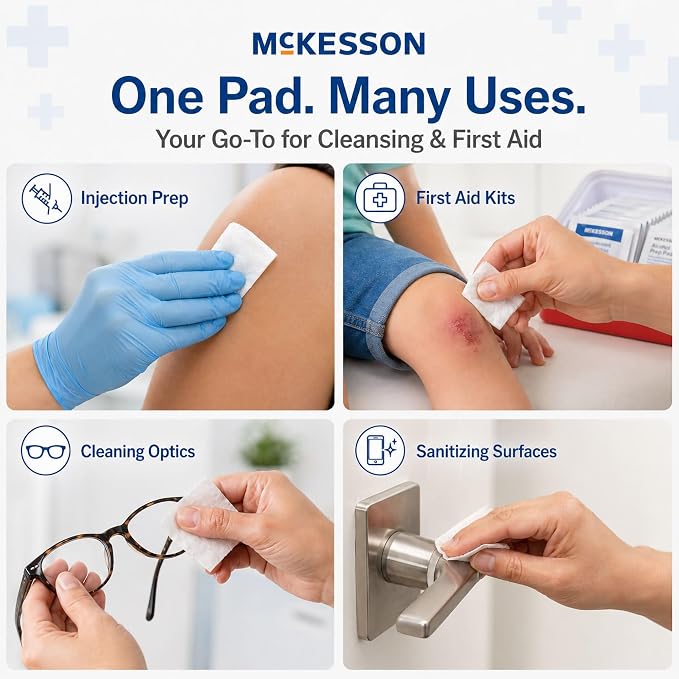 McKesson Alcohol Prep Pads, (100 Count) - Sterile, Individually Wrapped Wipes, 70% Isopropyl Alcohol, Large Size, 2-Ply, Medical Grade, First Aid, 1 Box