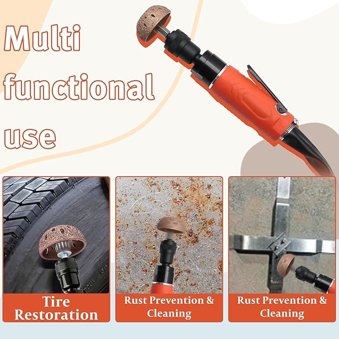 Low Speed Air Tire Buffer Kit, 2500 RPM Pneumatic Buffer Tool with Tungsten Buffing Wheels, Patch Roller and Inner Liner Scraper for Rubber Surface Prep and Patch Repair