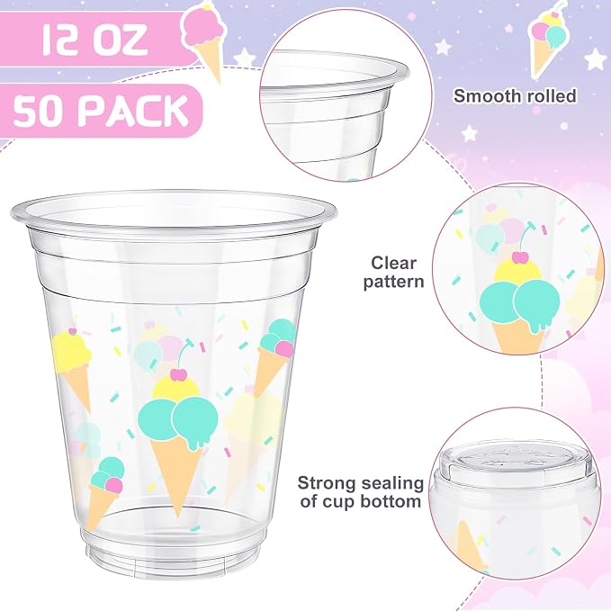 Uiifan 50 Pcs Ice Cream Party Supplies 12 oz Sprinkle Ice Cream Cups Bulk Summer Birthday Party Decorations Disposable Clear Plastic Drinking Cups for Sundae Milkshake Cold Food Soup Candies Summer