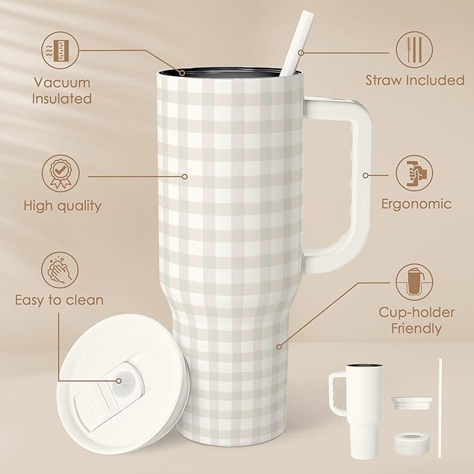 SANDJEST Grey Gingham 40oz Slider Tumbler with Handle and Straw - Insulated Stainless Steel Travel Coffee Mug for Women Girls, Gift for Birthday, Christmas