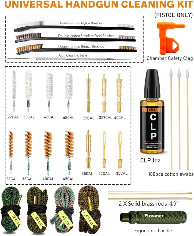 9mm Pistol Basics Single-Caliber Cleaning Kit, Handgun Cleaning kit for .357 .38 with 9mm Gun Snakes in Molle Pouch