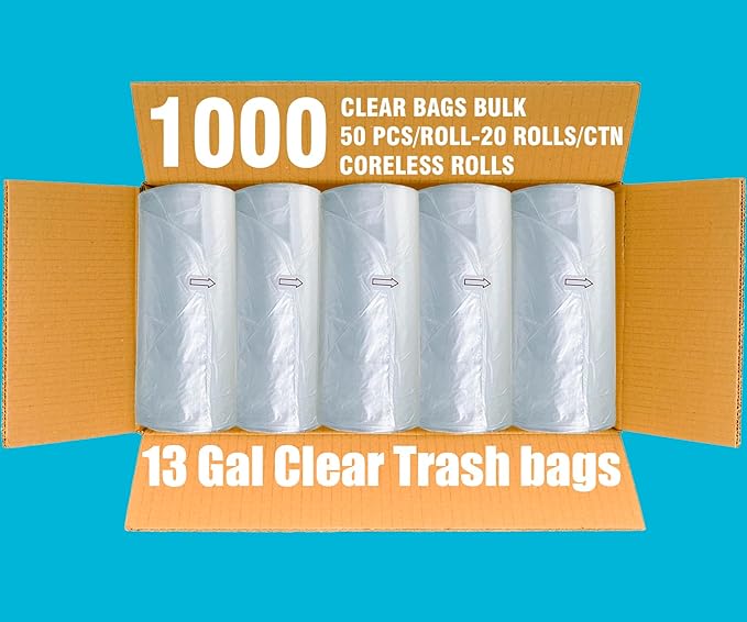 BEIDOU-PAC Trash Bags 13 Gallon, 1000 Count Bulk Value Pack, Clear Plastic Recycling Garbage Bags, Multi-purpose Tall Kitchen Trash Bags Can Liners for Business Home Commercial and Industrial