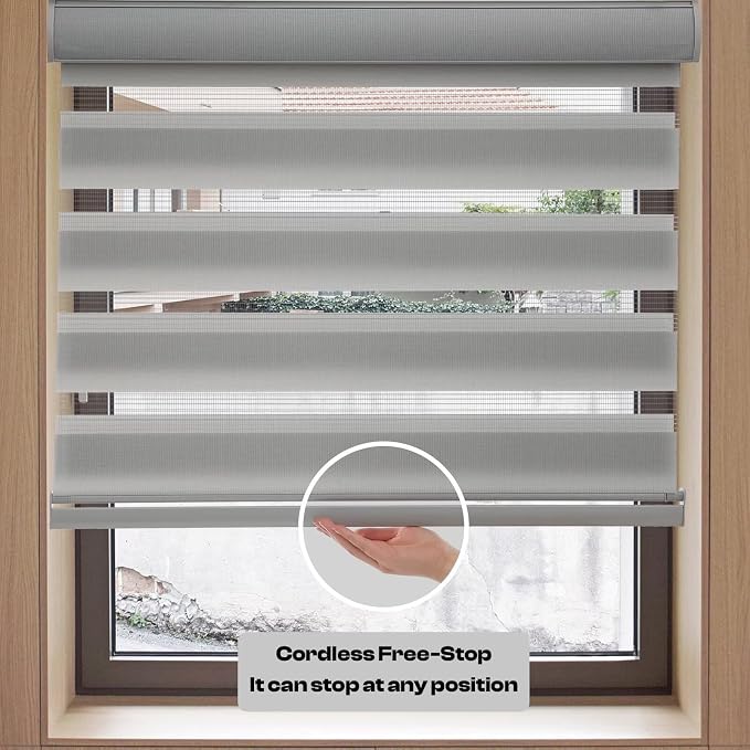 MYshade Roller Shades Zebra Blinds for Windows Cordless Day and Night Light Filtering Shades Dual Layer Roller Blinds 27" x 64" Grey
