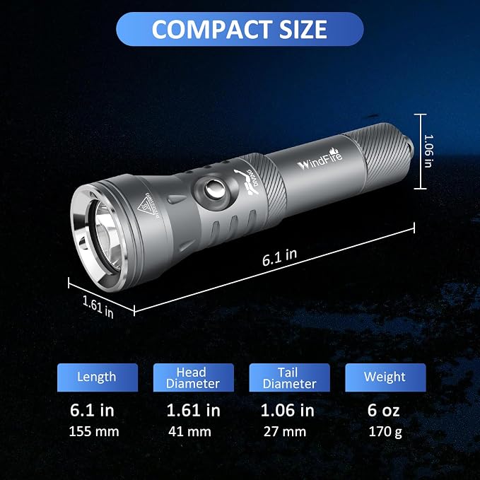 WINDFIRE Dive Lights Scuba Diving Flashlight, High-Powered Waterproof Flash Light with Power Indicator, 4 Modes, 12° Beam Angle, Underwater Scuba & Snorkeling Torch for Diving (Grey)