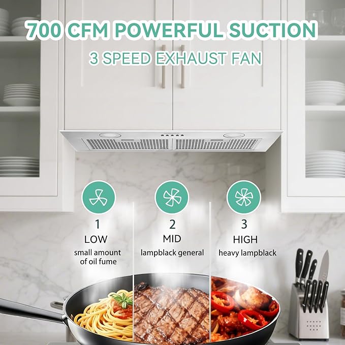 Built-in 30 Inch 700 CFM Kitchen Range Hood Insert | Stainless Steel Stove Vent Hood with Bright LED Lights, Push Button Control | Convertible Ducted/Ductless, Includes Grease & Carbon Filters