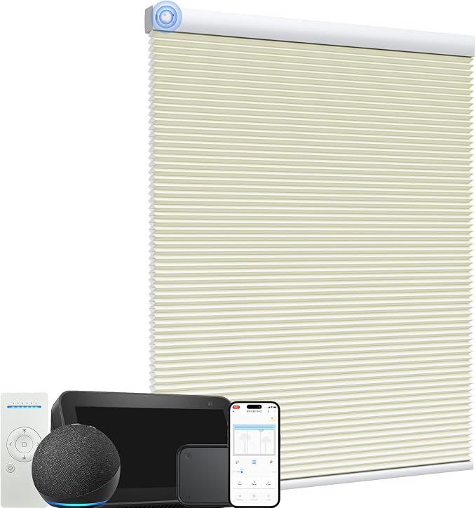 MYshade Motorized Cellular Shades - Smart Blinds Compatible with Alexa/Google Home/SmartThings,Light Filtering Rechargeable Cordless Honeycomb Blinds, Custom-Size Auto Shades for Windows (Beige)
