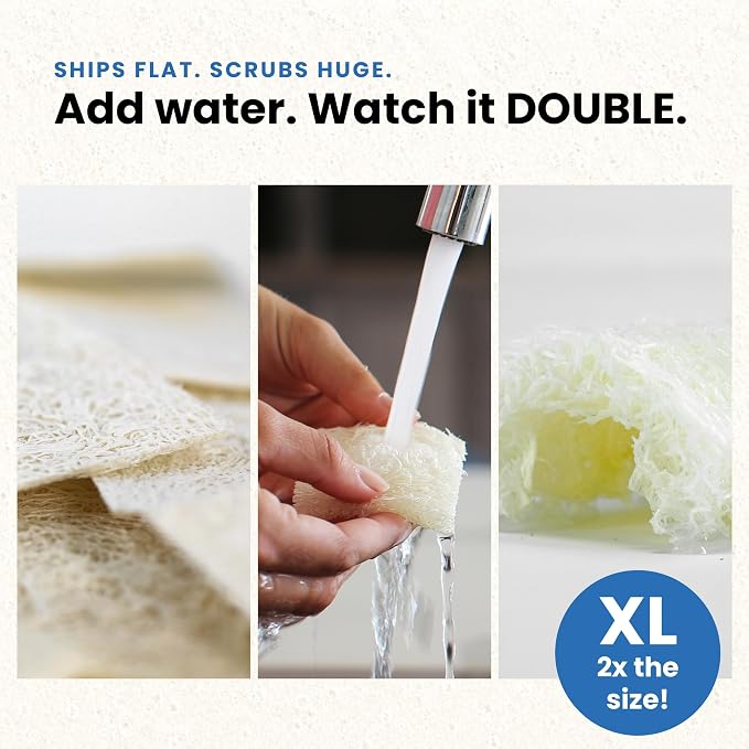 Scrub & Throw XL Loofah Scrub Sponge, Natural, Plastic-Free, Non-Scratch, for Kitchen, Dishes, Pots and Cleaning, Plant-Based, Plastic-Free, Eco-Friendly, Biodegradable, 15 Pack