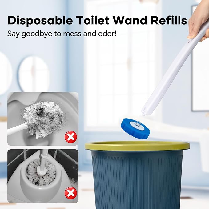 2 Pack Disposable Toilet Brush and Holder Set, Wall Mounted Toilte Wand Kit, Disposable Bowl Ceaner Wand and Caddy with 96 Refills for Closestool Cleaning