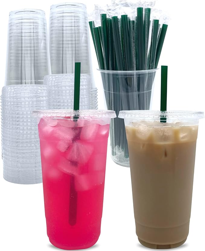 Aatriet [100 Sets] 32 oz Clear Plastic Cups with Lids and STRAWS, Disposable Party Cups for To Go Iced Coffee Cold Drinks, Smoothie, Juice, Parfait, Frappuccino, Milkshake. No Leaking Fruit Cup