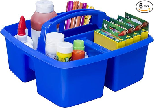Storex 3-Compartment Small Caddy – Multipurpose Classroom Organizer with Handle, Blue, 5-Pack (00947E06C)
