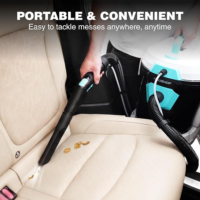 HAUSHOF 4 Gallon 5.5 Peak HP Wet/Dry Vacuum Upholstery Cleaner, Portable Shop Vacuum with 1-1/4 Inch Diameter x 5 Foot Hose, 13 Foot Cord, Ideal for Home, Workshop, and Garage Cleaning