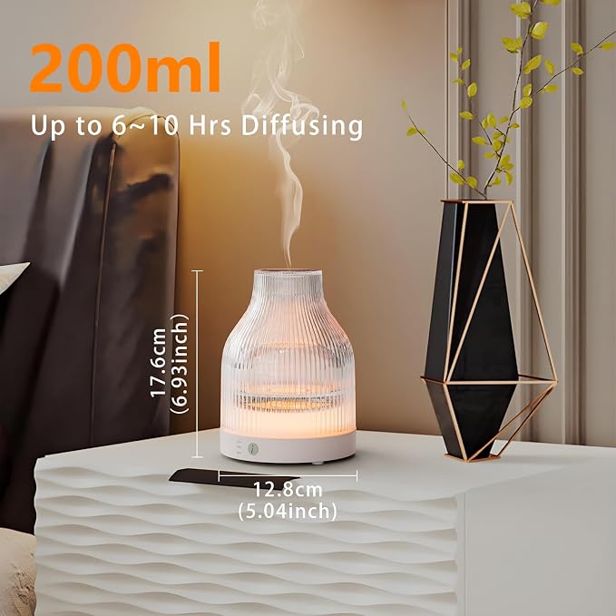 Elegant Glass Reservoir Essential Oil Diffuser 200ML, One Button Control Glass Diffuser with Rainbow Colors for Home Office Bedroom Gift