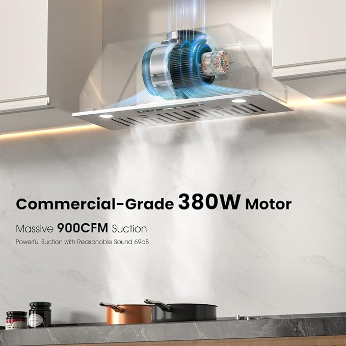 30 inch Range Hood Insert, 900 CFM Kitchen Vent Hood with Full Copper Motor, Triple Smart Controls, Tunable LED Lighting, Included Charcoal Filters & Duct Pipe
