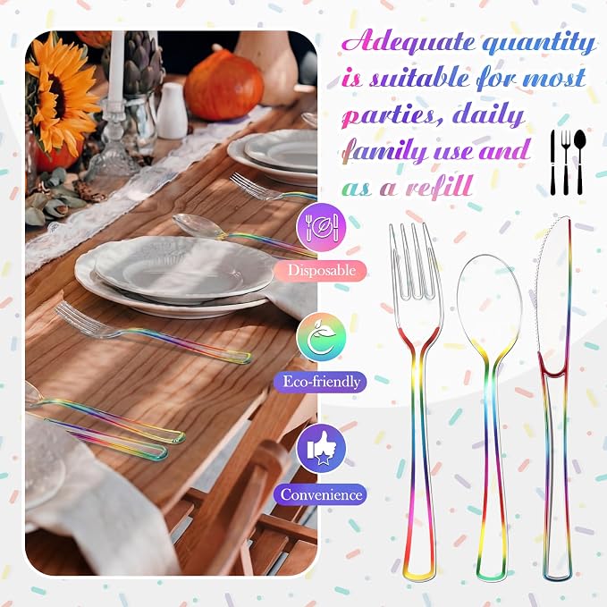 Minatee 150 Pcs Rainbow Plastic Silverware, Clear Disposable Cutlery Set Heavy Duty Utensil Sets 50 Forks 50 Knives 50 Spoons for Birthday Party Home Office School Picnics Restaurant Outdoor Events