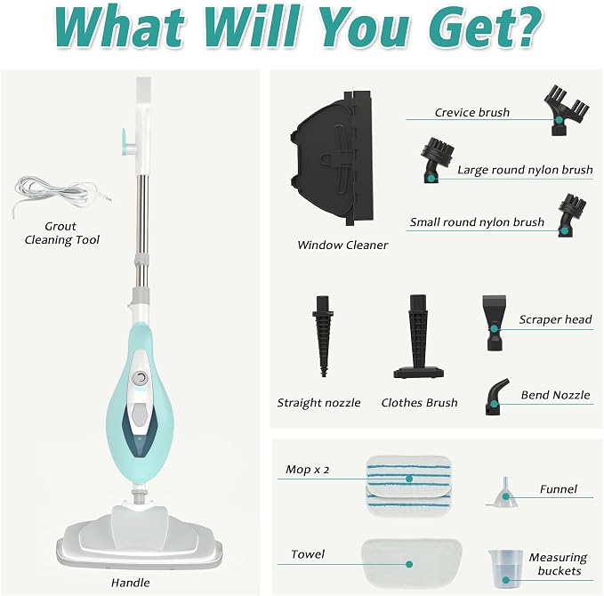 Steam Cleaner for Home, Handheld Floor Steamer Cleaner, Lightweight 12 in 1 Steam Mop Detachable Steamer for Hardwood Floor Tile Couch, 2 Washable Pads, 1550W Deep Cleaning, Green