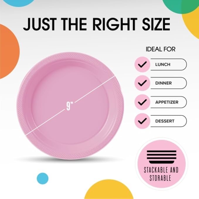 Exquisite Party Solids Pink Plastic Plates For Party Supplies 9" Pink Disposable Plates Heavy Duty 50 Pcs Plastic Dinnerware Sets Heavy Duty 350 GSM Disposable Dinnerware Set