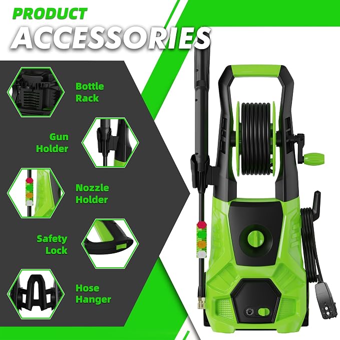5000PSI PowerWasher with 4 Quick Connect Nozzles, Foam Cannon for Car, Lane, Patio Cleaning, Hydro Jet Pressure Hose Water Wand for Gutter Patio Car Garden Window, Green