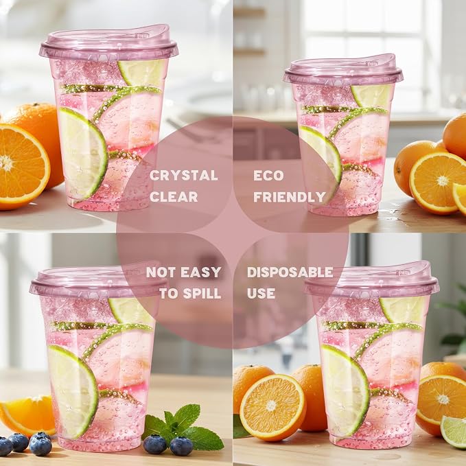 12oz Disposable Stemless Glasses With Strawless Sip Lids,PET Solo Disposable Cups ,Party Clear Plastic Wine Glasses for Parties Birthday,Wedding,Meeting,Christmas Party Supplies. (100, Pink)