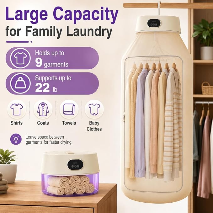 Portable Clothes Dryer, 2-in-1 Hanging & Desktop Laundry Drying | 8H Timer, Foldable, Low Noise, Fast-Drying Compact Dryer for Home Underwear, RVs, Apartments, Travel, Dorm