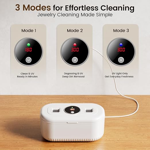48Khz Ultrasonic Jewelry Cleaner, 30W Ultrasonic Cleaner with UV Lights and Dual Brush Ports, 3Modes Jewelry Cleaner Ultrasonic Machine with Digital Timer, 12OZ for Eyeglasse, Denture, Jewelry Cleaner