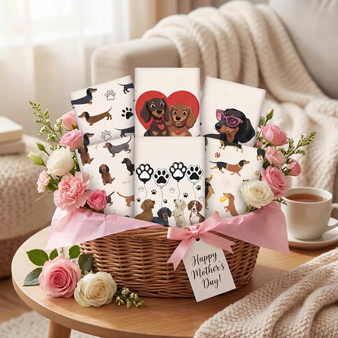 Hahafelt 6 Pack Dachshund Kitchen Towels 24x14 Inch Dachshund Gifts for Women Mom Funny Weiner Dog Kitchen Bathroom Decor Puppy Absorbent Tea Hand Dish Towels Decorative for Women Mother's Day