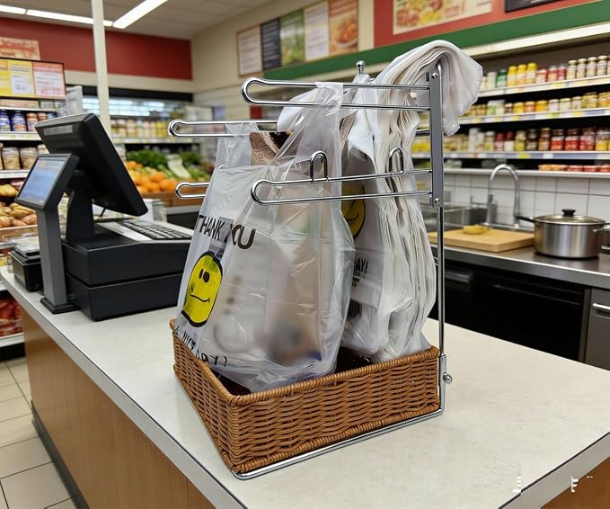 T-shirt shopping bag rack and dispenser, grocery store counter plastic bag rack with a nice wicker basket base, transforms cluttered shopping bags into a neat and easy-to-use storage solution