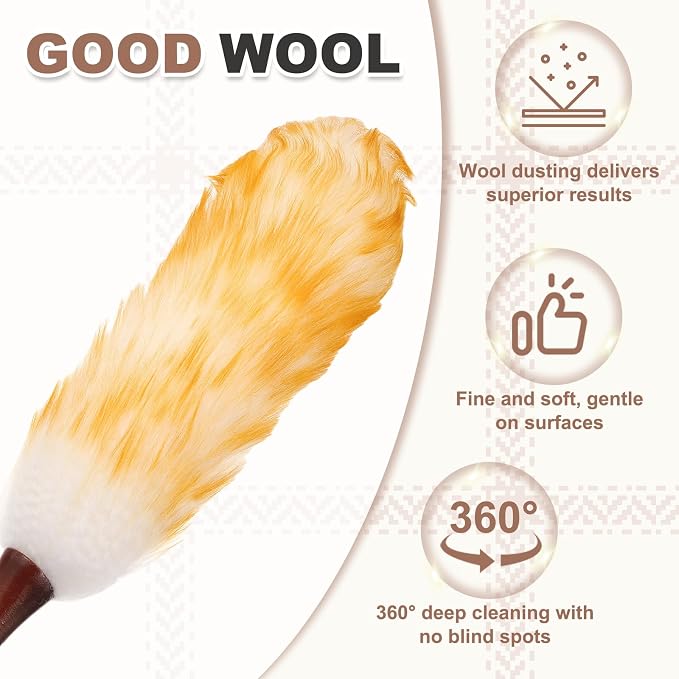 uxcell Wool Duster, 20.5" Natural Feather Cleaner Household Cleaning Duster with Solid Wooden Handle for Cleaning Fans Window Blinds Shelves Furniture, White Gold