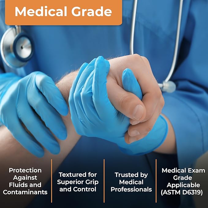 ASAP Blue Nitrile Gloves Disposable Latex Free - 4 Mil Powder Free, Food Safe, Kitchen & Medical - Cleaning & Tattoo Supplies