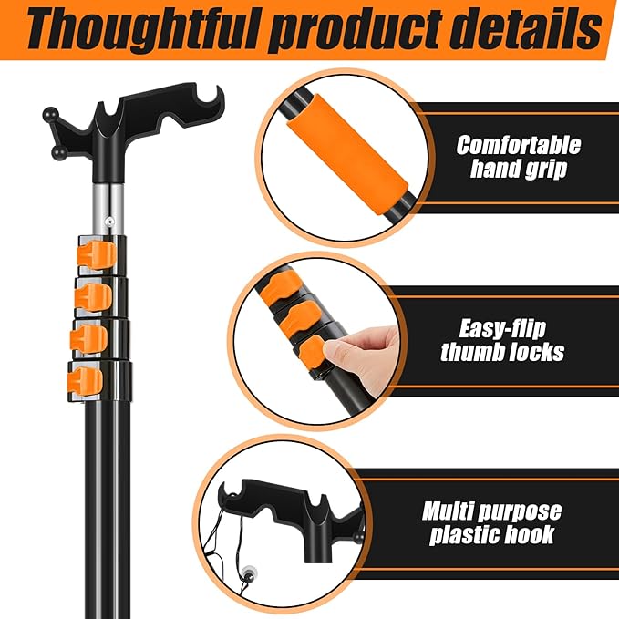 4.3-18 ft Telescopic Extension Pole with Utility Hook, Multi-Purpose Aluminum Pole for Painting, Dusting and New Year Window Cleaning Christmas Lights Installation Without a Ladder(Orange)
