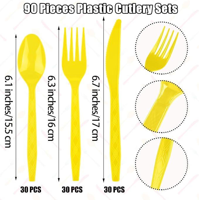 Kochorie 90 Pieces Yellow Plastic Cutlery Set Disposable Plastic Utensils Heavy Duty Flatware Set Includes 30 Knives 30 Forks 30 Spoons for Birthday Wedding Party, Picnic